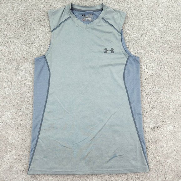 Under Armour Shirt Womens Small Gray Stretch Sleeveless Fitted V-Neck HeatGear - Picture 1 of 8